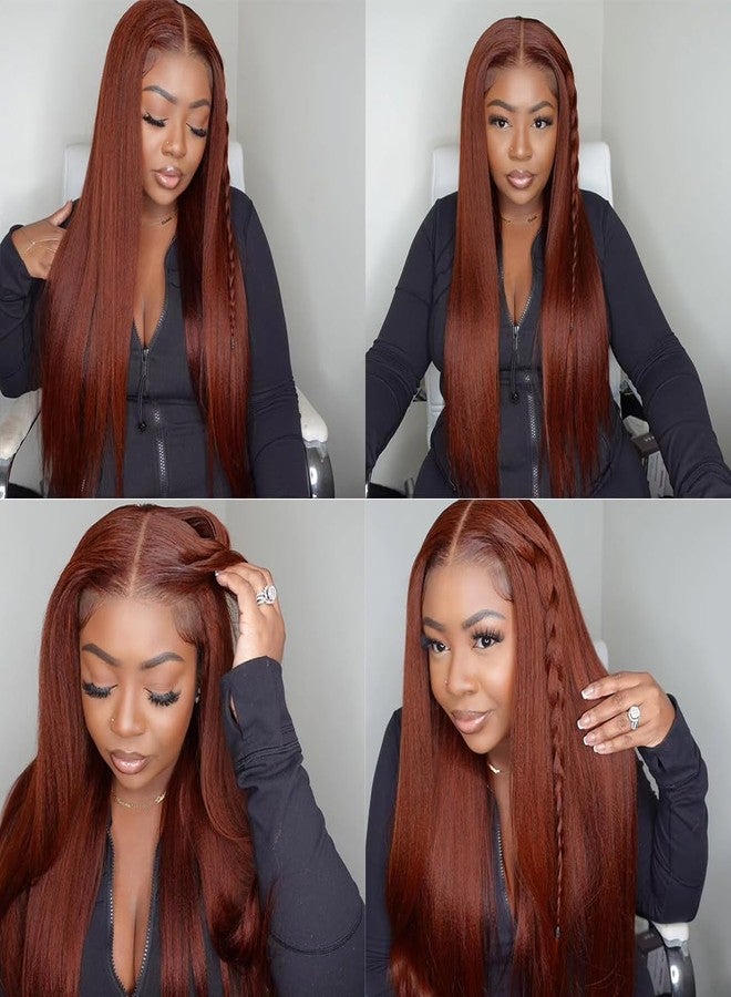 Domiso Reddish Brown Wear and Go Glueless Wig Pre Plucked Pre Cut 7x5 Lace Wig Kinky Straight Brown Lace Front Wigs Human Hair for Women Natural Hairline Breathable Cap 200% Density 18 Inch - Image 3